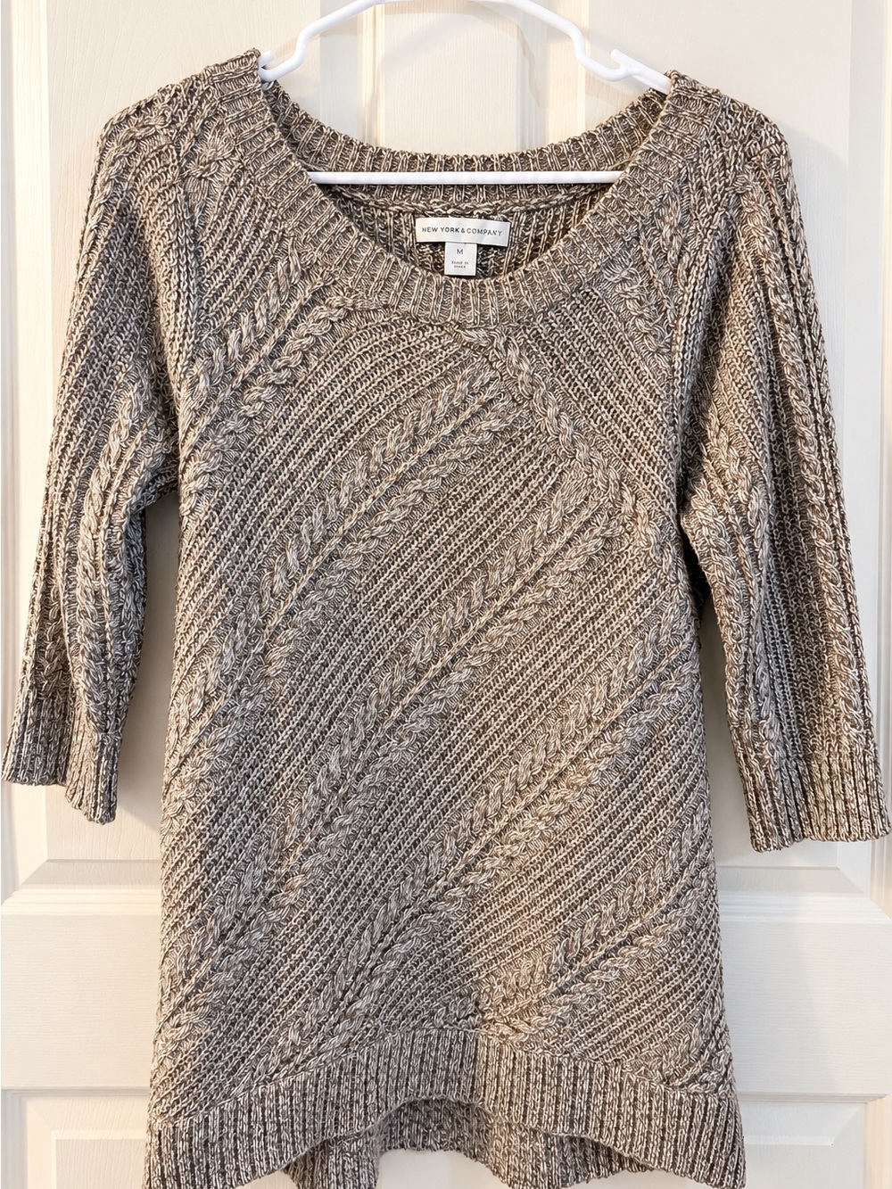 New York & Company Taupe Marled Cable Knit Scoop Neck Sweater